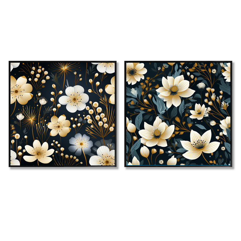 Hetre - Ensemble de 2 collages carrés floraux, Cadre flottant noir, H 36 po x l 73 po