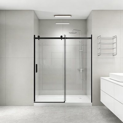 56"-60"W x 70"H Frameless Shower Door, Sliding Shower Door, with Premium 5/16"(8mm) Thick Tempered Glass Shower Enclosure,Double Side Easy Clean Coat,Matte Black Finished With Buffer