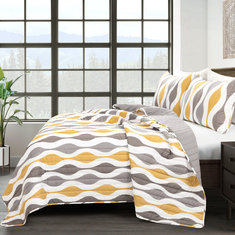 King Gold and Gray Reversible Microfiber Quilt Set