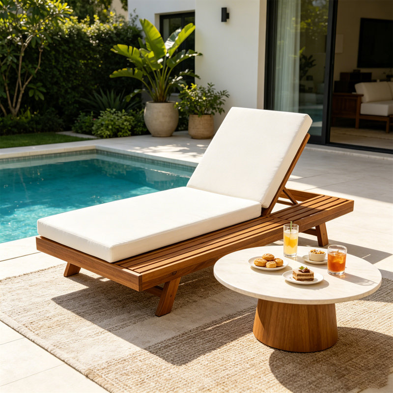 LONGUE ENSEMBLE DE CHAISE, DE L'ESPACE D'UN CÔTÉ, EN BOIS D'ACACIA AVEC COUSSINS DE SALON RÉSISTANT À L'EAU (CRÉME ET ÉPAIS DE 4 POUCES) - ASSORTIR UNE VERSION GRIS FONCÉ
