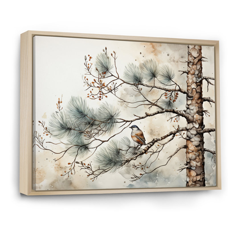 Décoration murale oiseau sur pin II, H 34 po x l 44 po x P 1,5 po, Cadre flottant érable