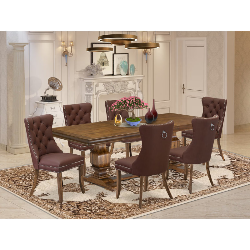 7-piece Modern Dining Table Set consists of a Kitchen Table and 6 Burgundy Polyester fabric Dinner Chairs with Button tufted Back - Antique Walnut Finish