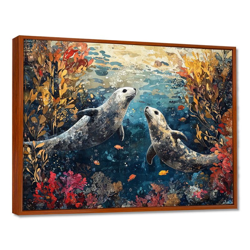 Auriel jouant des phoques dans un paysage de corail III - art mural grand phoque, Brun, Impression encadrée flottante
