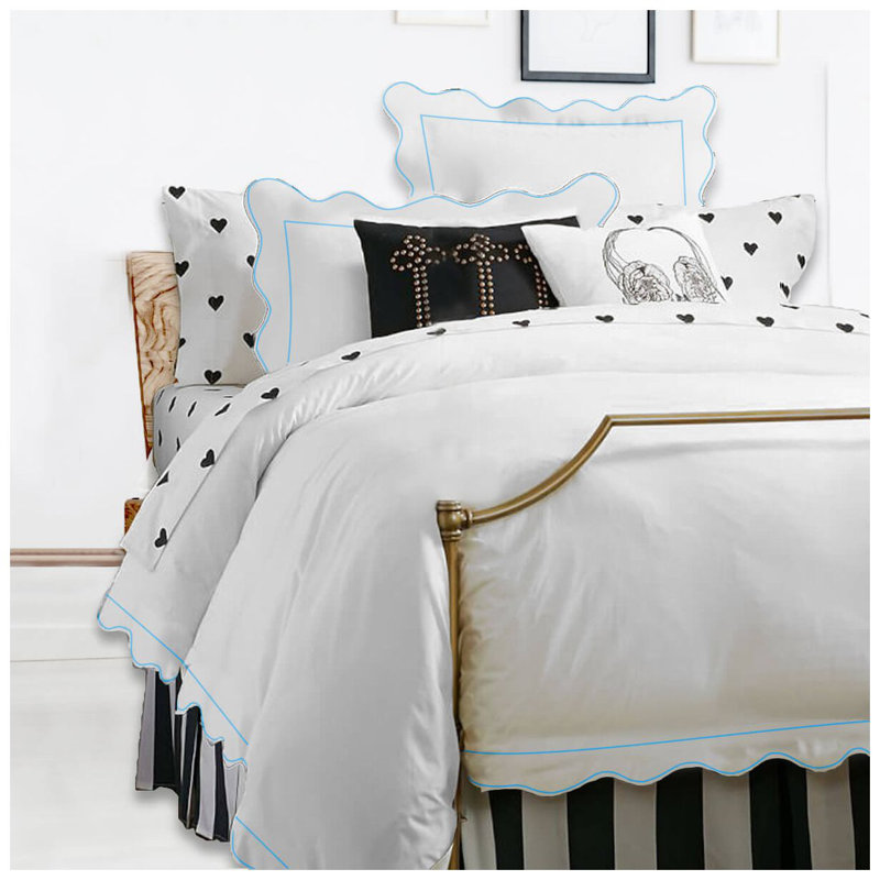 400TC Cotton Scallop Embroidery & Border Sateen Solid Duvet Cover Set, California King/King Duvet Cover, White/Light Blue