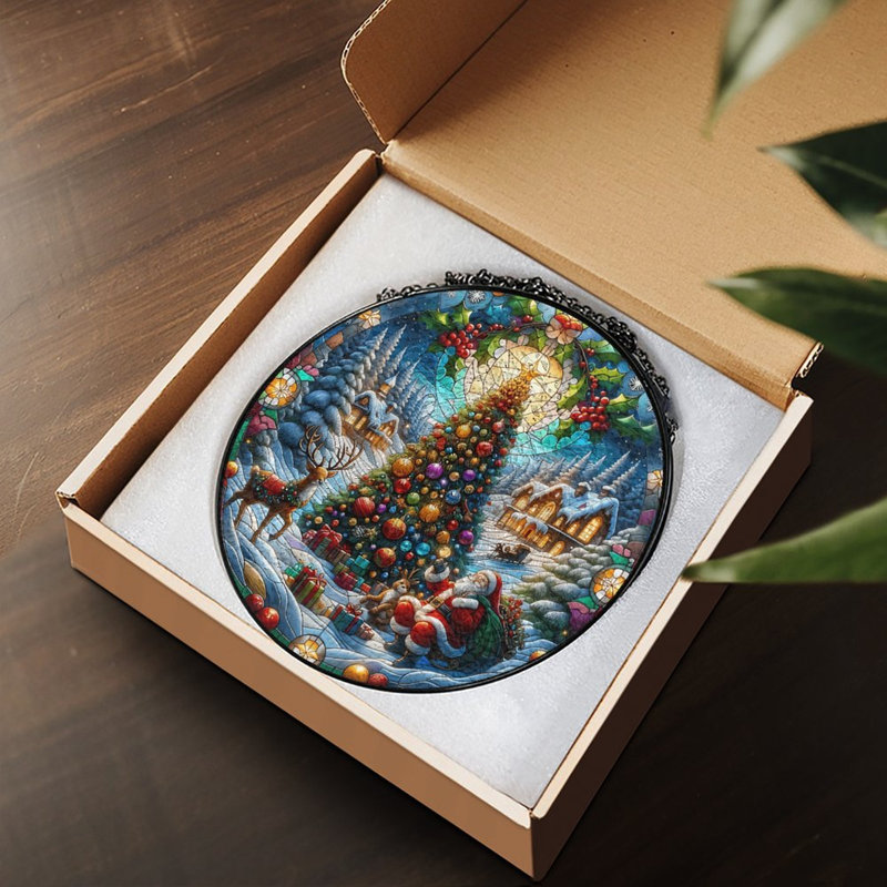 Scène de Noël vitrail vitrail pour fenêtre, 7,8 x 7,8 po (20 x 20 cm)