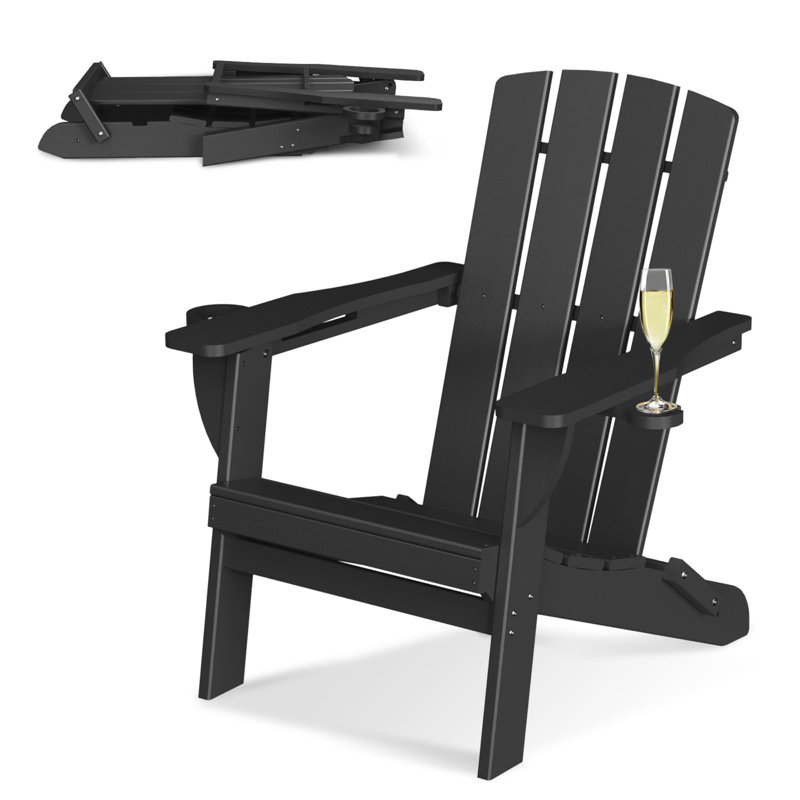 HDPE Folding Adirondack Chair With Cup Holder, Black