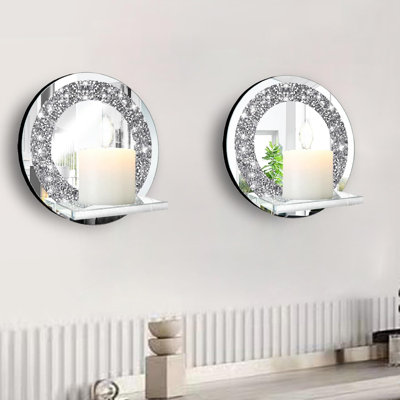 Set Of 2 Crystal Crush Diamond Wall Sconces, Silver Mirrored Candle Holder With Glass Shelf For Home Decor, Living Room And Dining Room Wall Decor