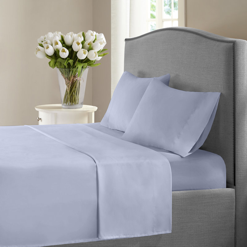 Ensemble de draps en satin de coton de qualité égyptienne 1200 fils, Bleu, Ensemble de draps pour lit double + un drap-housse