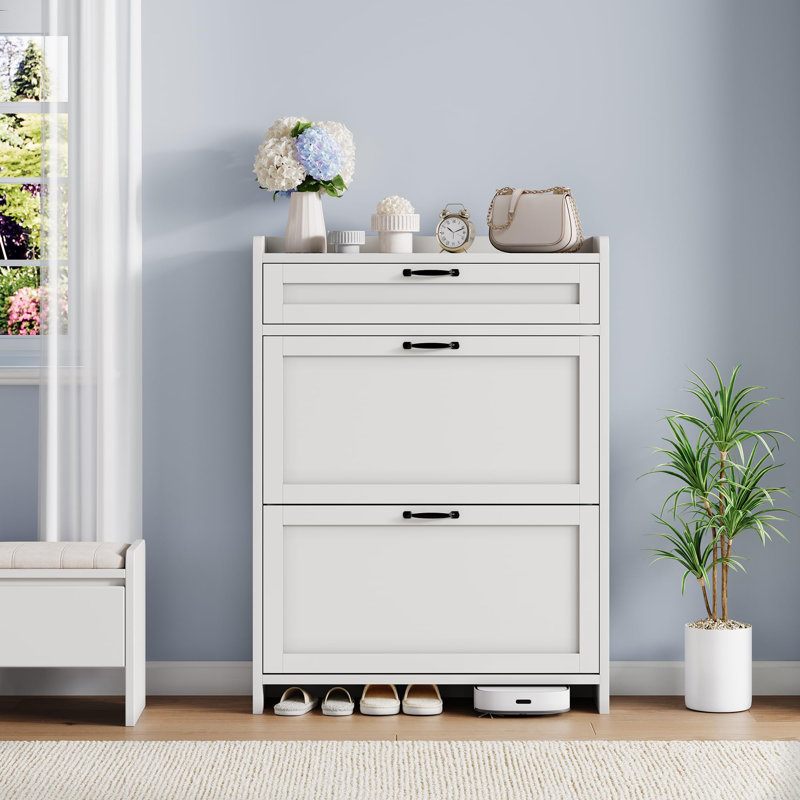 Shoe Cabinet with 2 Flip Drawers & Top Drawer, High-Gloss Hidden Entryway Shoe Storage Organizer, White