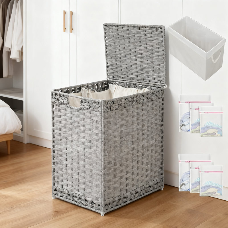 Grand panier à linge avec couvercle et sacs de doublure amovibles, panier de rangement en rotin tissé à la main avec sacs en filet pour l'organisation de la chambre à coucher et de la salle de lavage