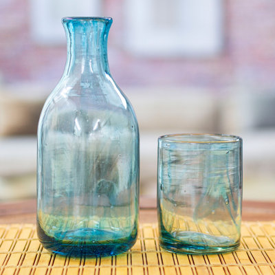Handblown Aqua Carafe and Cup Set 