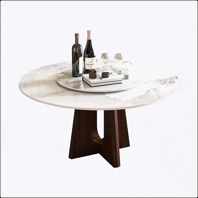 Table de salle à manger moderne moderne en pierre frittée de 59 pouces avec base en noyer, robuste et élégante pour 6 à 8 personnes