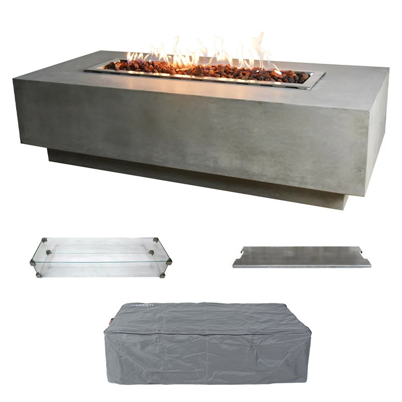 Granville Outdoor Fire Pit Set 17'' H x 60'' W Includes Windscreen, Lid, and Canvas Cover, Propane