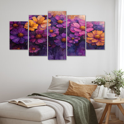 Zinnias fleurs lavande minuit champ III - décoration murale Zinnias - art mural traditionnel 5 pièces