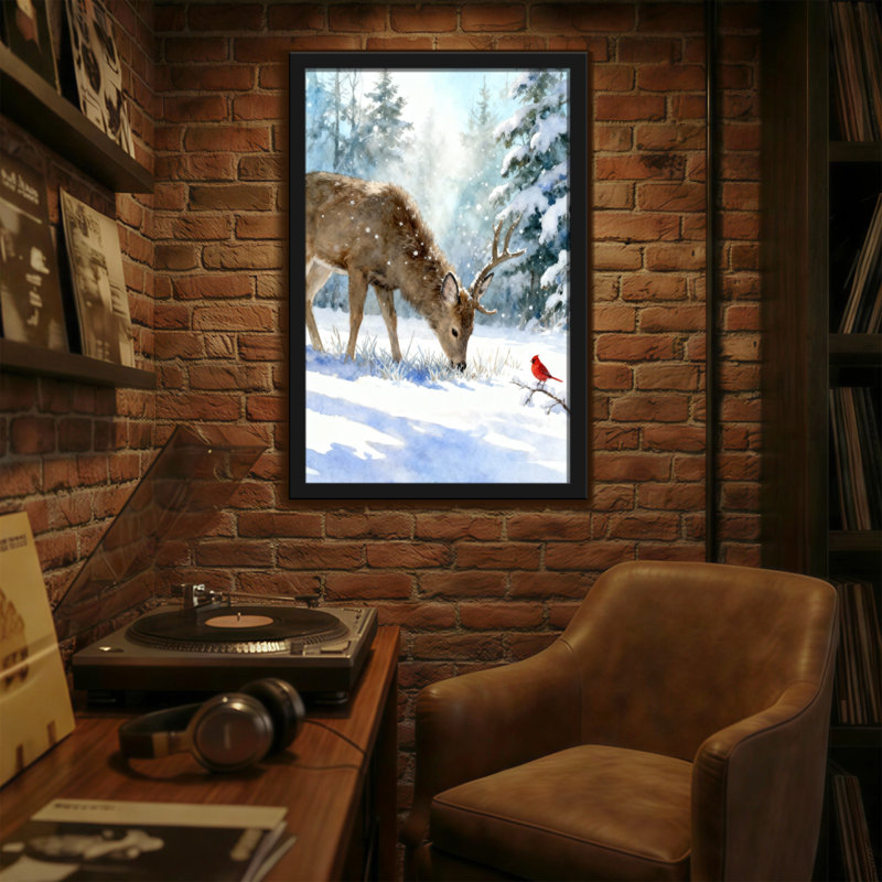 Animals Winter Deer And Red Bird Scene, 24" H x 16" W