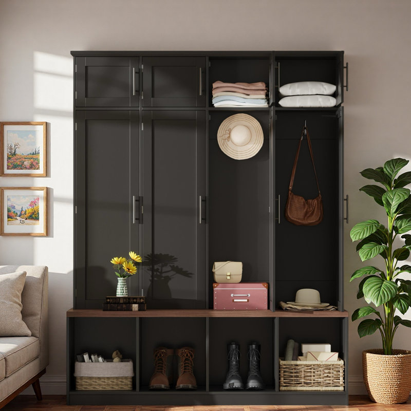 Farmhouse Hall Tree With 4 Hidden Hanging Hooks, Seating Bench, Storage Cabinet And Open Compartment, White