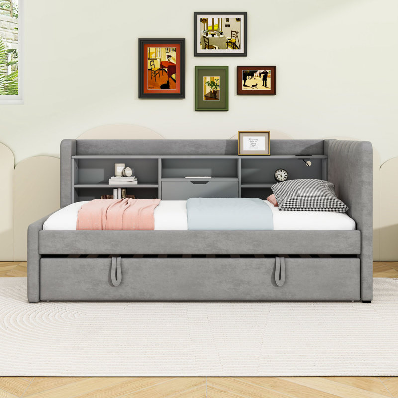 Twin Upholstered Daybed with USB Ports, Twin Trundle and Shelves, Gray