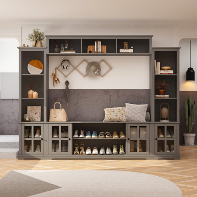 Starlin 102" Wide Entryway Hall Tree With Multi Shelves And Glass Door Cabinets