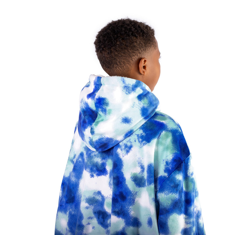 Couverture en sherpa à capuche portable, Teinture sur nœuds – bleu, Jeunesse