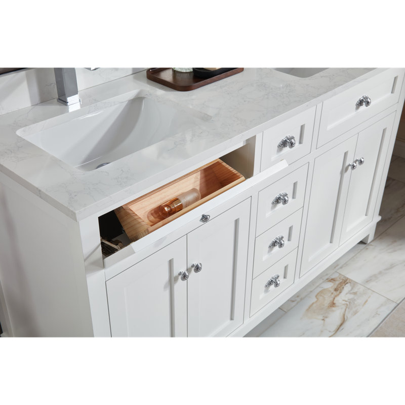 Meuble-lavabo en bois massif 60 po avec comptoir en pierre artificielle 60 po, Chrome poli, Blanc