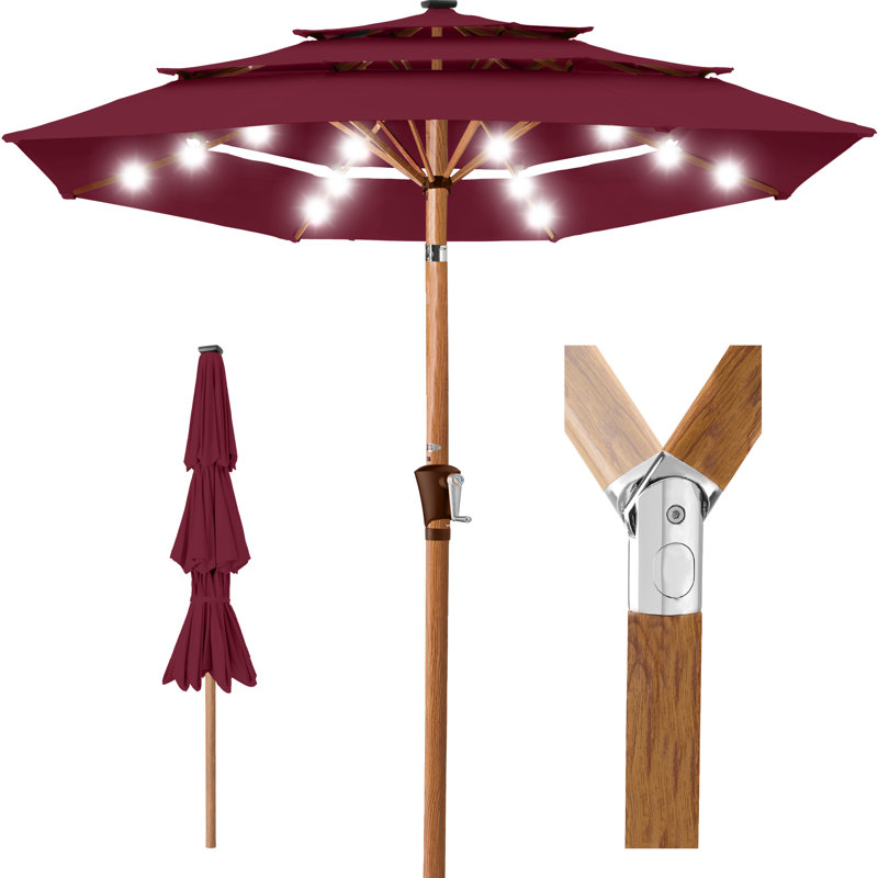  Parasol solaire à 3 niveaux à motif de grain de bois avec 24 lumières DEL inclinables - Bourgogne, Bourgogne