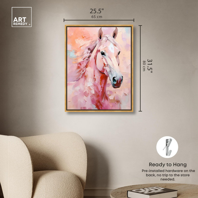 Art chevalier rose, toile, pêche, boho, Cadre doré, H 37 po x l 31 po