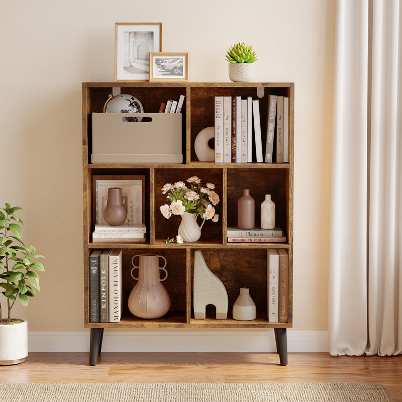 43.3" H x 31.5" W Wood Cube Bookcase Vertical Book Rack Library Shelves, Rustic Brown