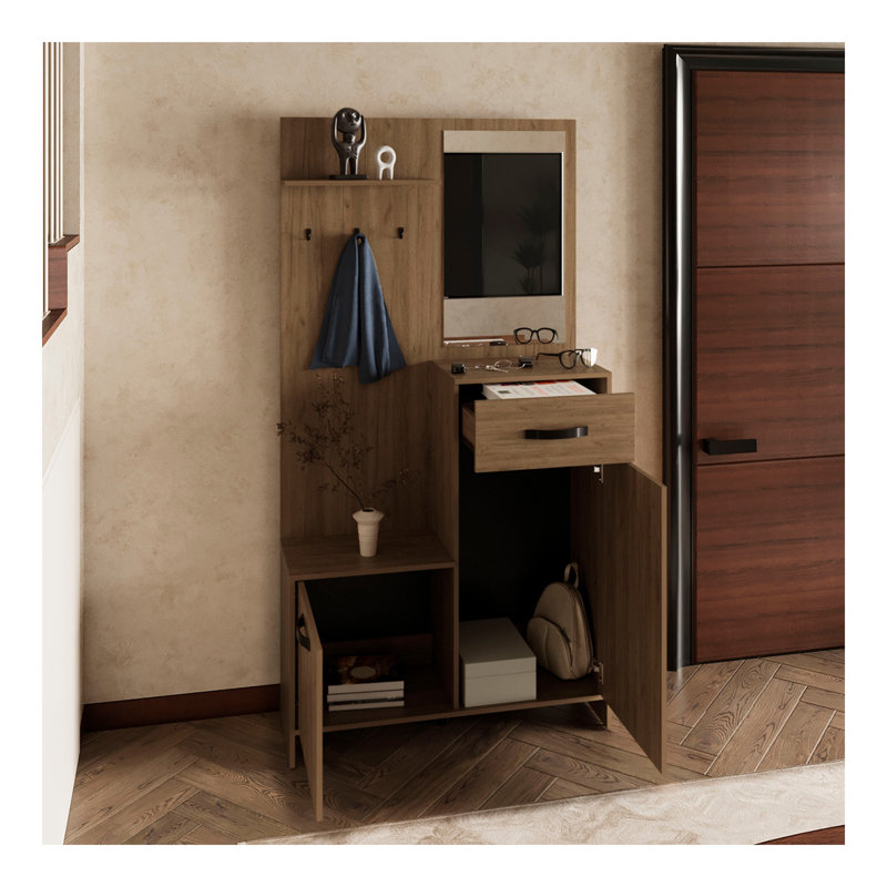 Parker 75" Tall Mirrored Tree Hall with Hangers, Three Shelves, Two Cabinets, One Drawer, Entry way, Console Table, Living Room Light Oak