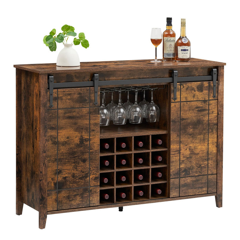 Farmhouse Wine Bar Cabinet,47" Coffee Bar Cabinet With Sliding Barn Door, Buffet Sideboard Cabinet With 16 Bottle Wine Rack For Dining, Living Room