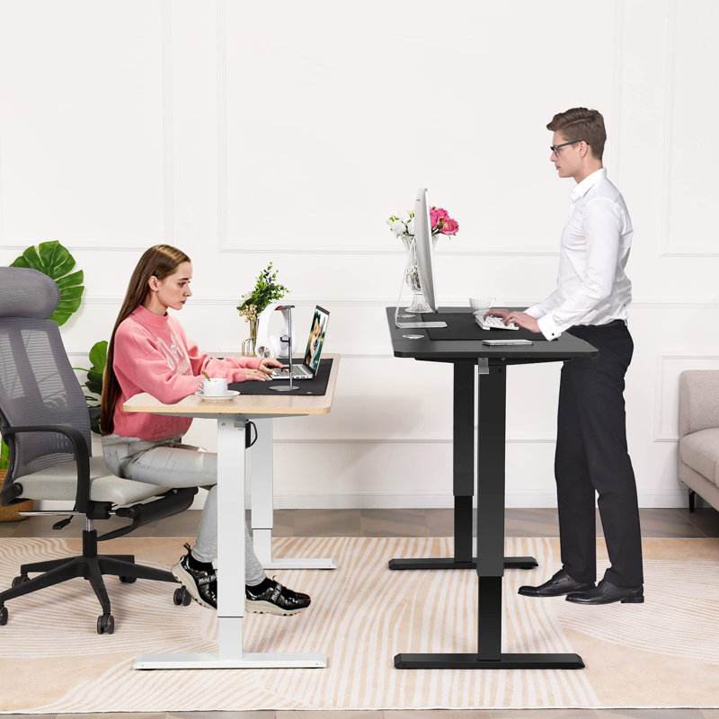 Masakazu Height Adjustable Standing Desk with Built-in Outlets,4 Lockable Casters, 2 Hooks, White, 46" H x 48" W x 24" D
