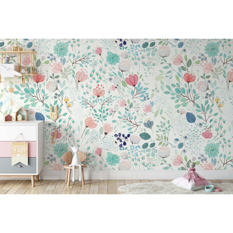 Colourful Puppy Flowers With White Background Removable Wallpaper, 9" L x 15" W