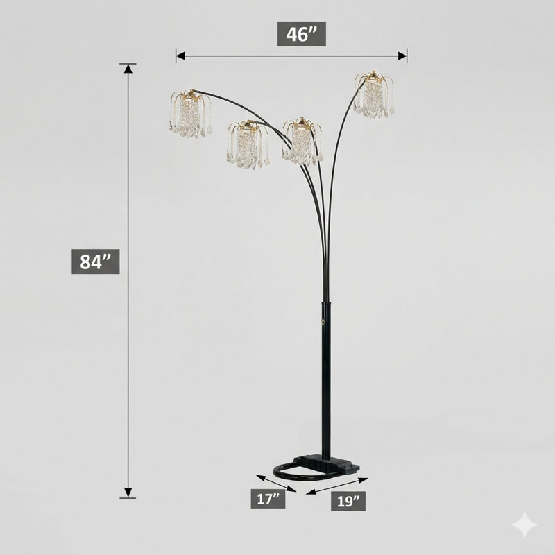 Lampe sur pied arquée en cristal noir à 4 têtes