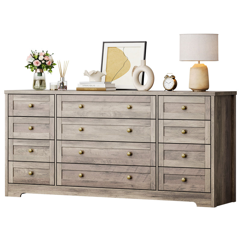 Commode 12 tiroirs en bois, commode moderne de 63 po de largeur et meuble télé pour chambre à coucher