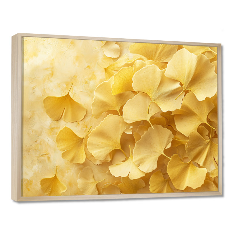 Golden Ginkgo Leaves Harmony III - feuilles, art mural, H 12 po x l 20 po, Impression encadrée flottante, Crème, crème