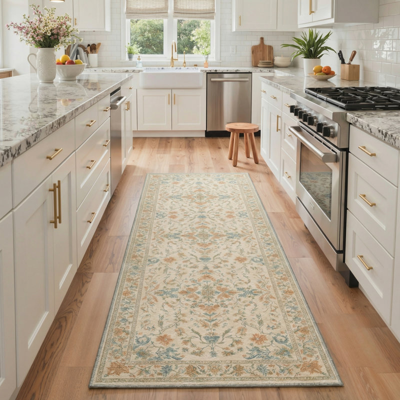 Tapis floral beige / orange / bleu sarcelle lavable à la machine avec envers antidérapant, Tapis de couloir de 2 pi x 7 pi
