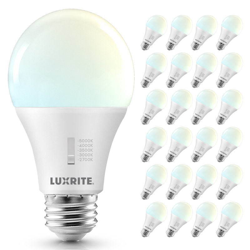 Luxrite A19 LED Light Bulb bb CRI90, 5CCT Selectable 2700K-5000K, Dimmable,  Standard LED Light Bulbs, E26 Title CA20, ETL Listed 24 Pack
