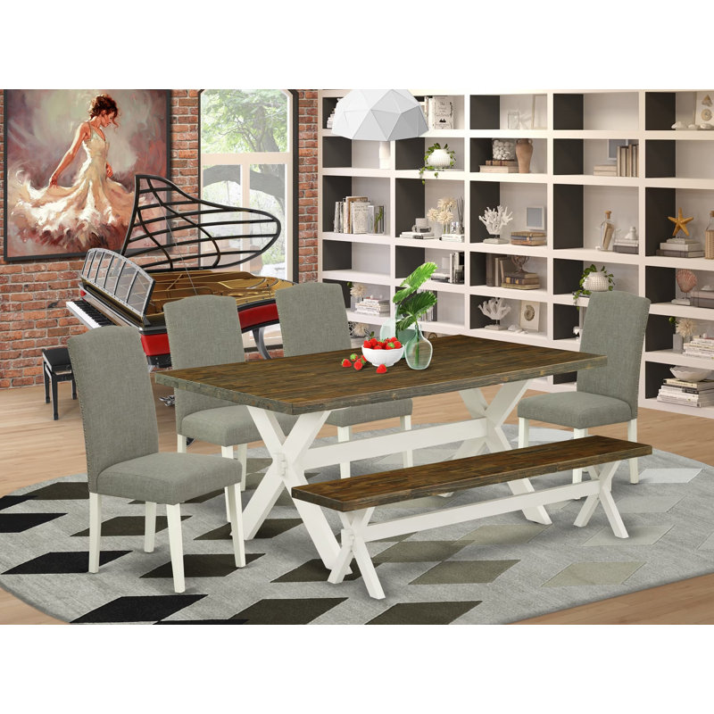 L'ensemble de table de salle à manger 6 pièces contient une table de cuisine rectangulaire avec pieds en X et 4 chaises Parson en tissu de lin Shitake foncé avec un banc, en lin brossé blanc