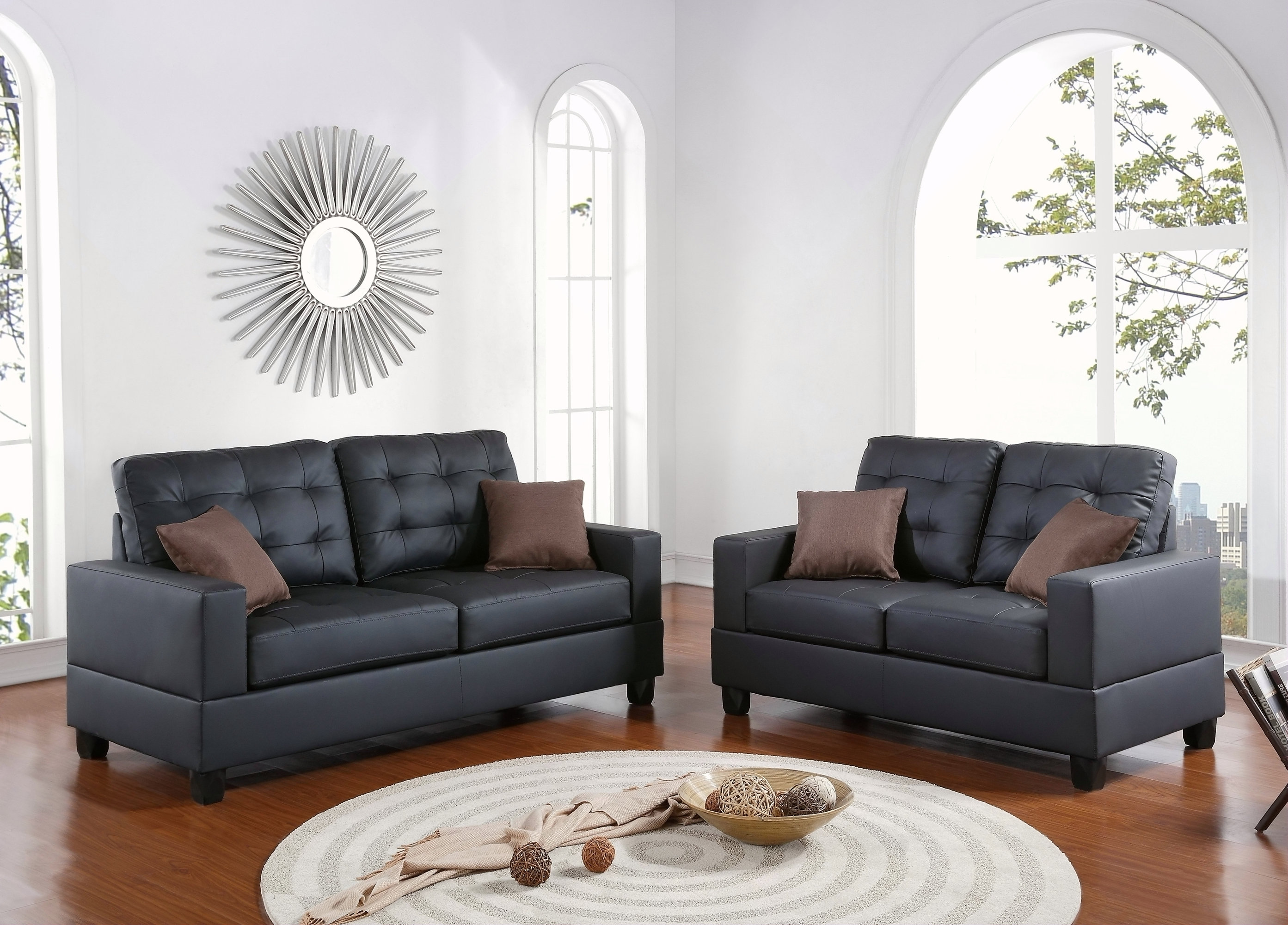 Latitude Run® Living Room Furniture 2Pc Sofa Set Black Faux Leather ...