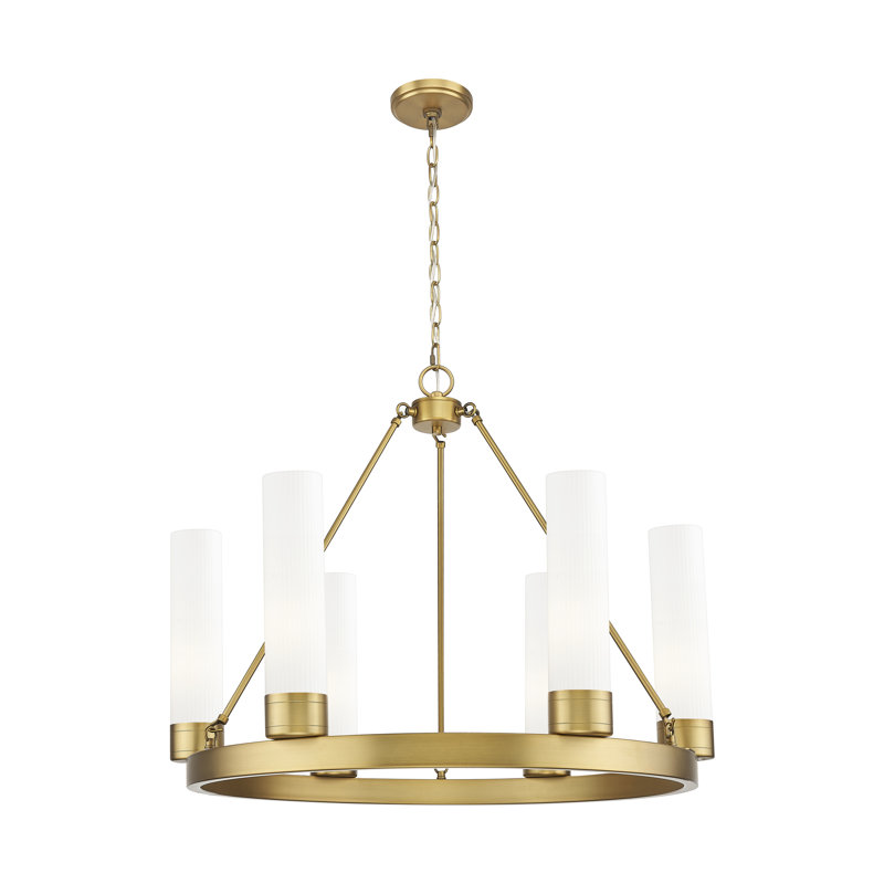 Lustre 6 lumières avec abat-jour Scherer, Blanc rayé, Laiton brossé