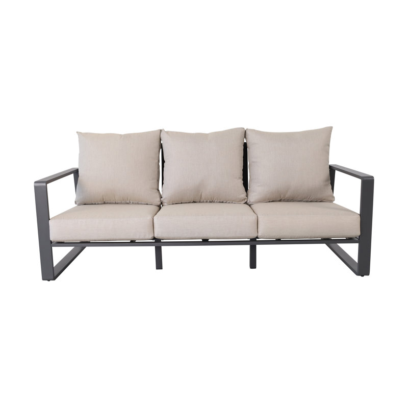 Canapé d'extérieur moderne en aluminium 3 places avec coussins beiges - Siège de patio gris foncé résistant aux intempéries