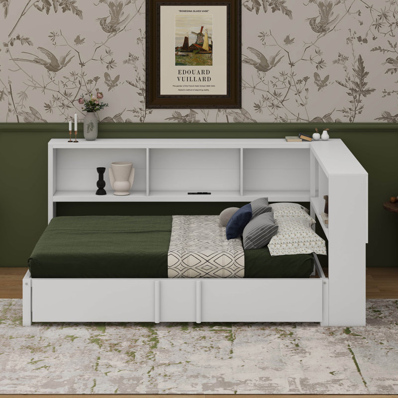 Full Size Metal Daybed With Trundle,Storage Cabinets And USB Ports, White