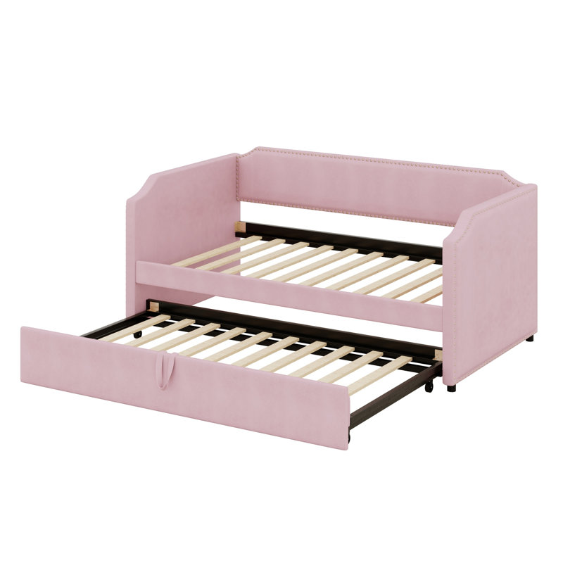 Velvet Upholstered Daybed With Pop Up Trundle, Pink