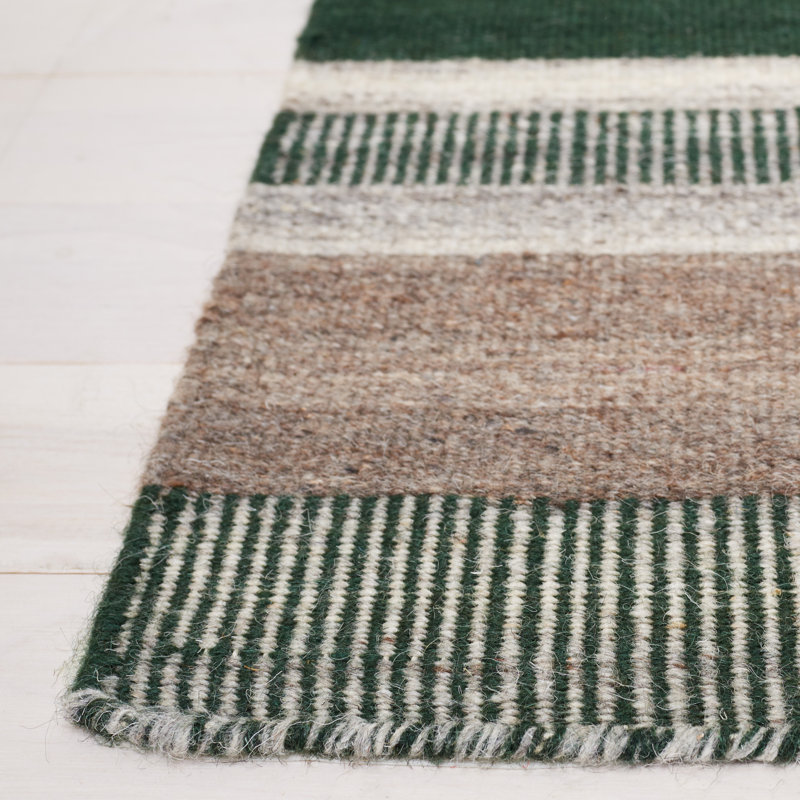 Gray and Green Geometric Wool Flatweave Rug, 3' x 5'