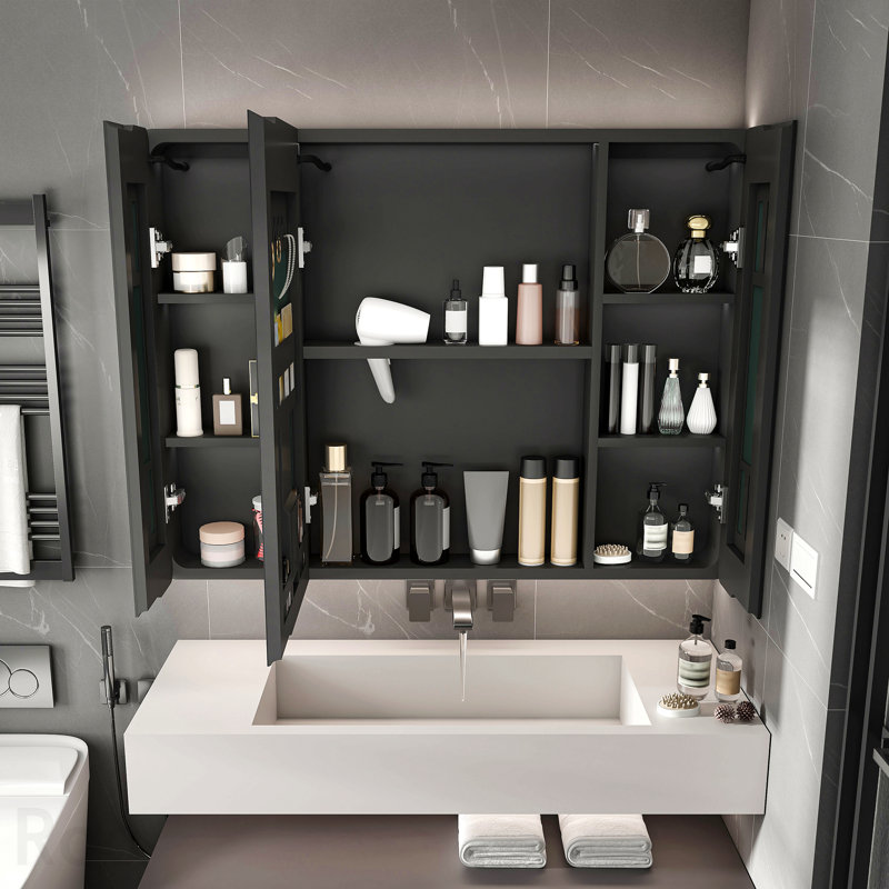 Armoire à pharmacie en aluminium avec miroir, armoire à pharmacie 35 x 28 pouces avec éclairage à DEL 3 couleurs et fonction de désembuage, armoire de salle de bain avec support de rangement pour cosmétiques et support pour sèche-cheveux, gris