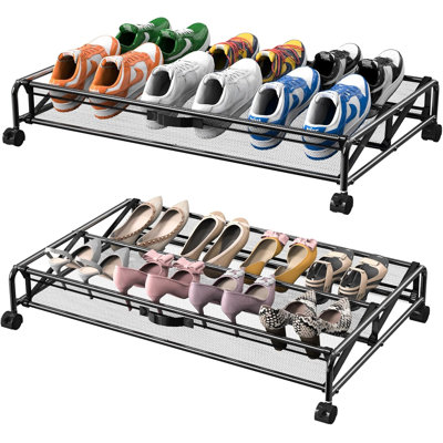 Under Bed Shoes Storage, 2 Pack Rolling Under-Bed Storage Containers With Wheels, Under Bed Shoe Organizer Breathable Mesh Fabric With Metal Frame
