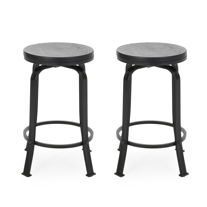 2 tabourets de comptoir industriels modernes - noir, bois et métal, structure en fer, hauteur de siège de 24,45 po, pivotant, faux siège avec tabouret en placage de frêne, 2 pièces, finition mate du cadre, fonction pivotante,