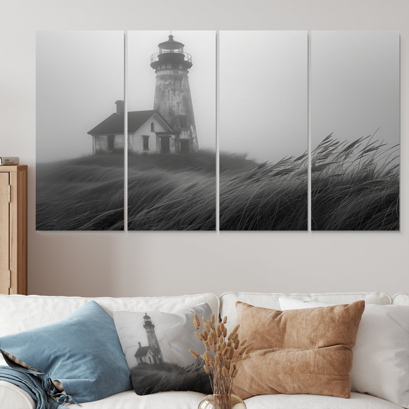 Phare monochrome brouillard d'hiver Cliff I - ensemble de décorations murales phares, H 28 po x l 48 po