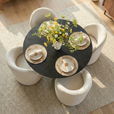 4 - Person Dining Table Sets With 52'' Solid Round Table & 4 Upholstered Chenille Swivel Chairs