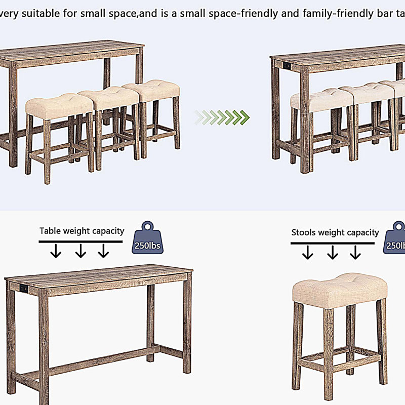 4-Piece Bar Table Set, Dining Bar Table and 3 Padded Stools, Brown