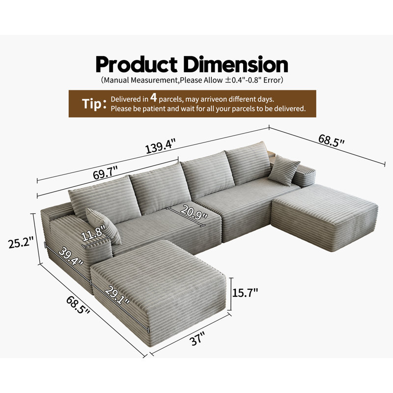 Canapé modulaire de 139,4 po, canapé minimaliste en forme de U avec 2 repose-pieds, canapé-lit convertible à siège profond moderne, tissu en velours côtelé moelleux, aucun assemblage requis, 6 places